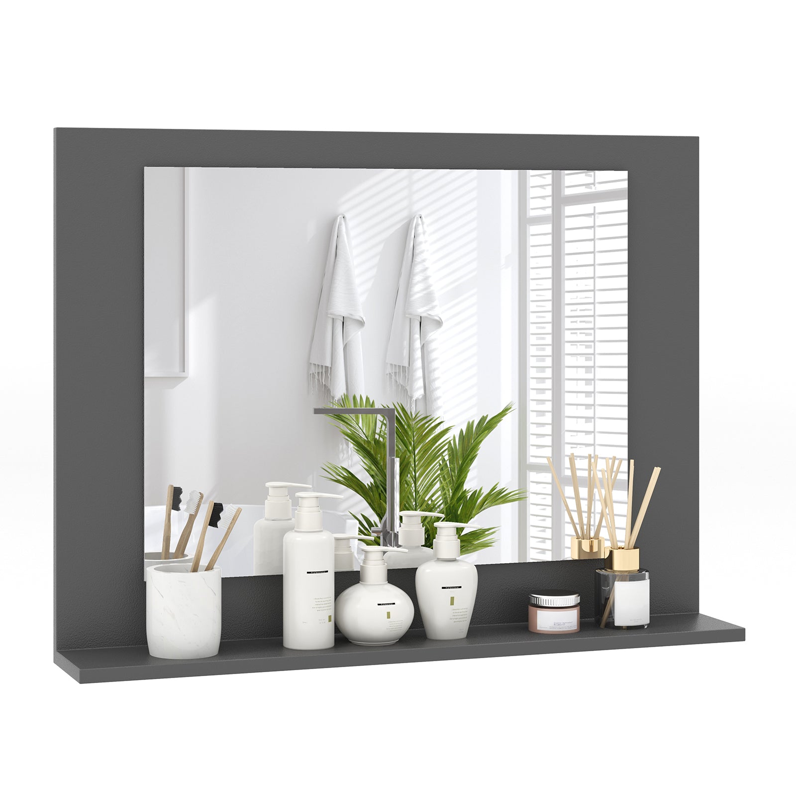 Rectangle Bathroom Mirror With Shelf, 23.5 x 17.5 Inch, Wood Frame, Gray Wall Mirrors at Gallery Canada