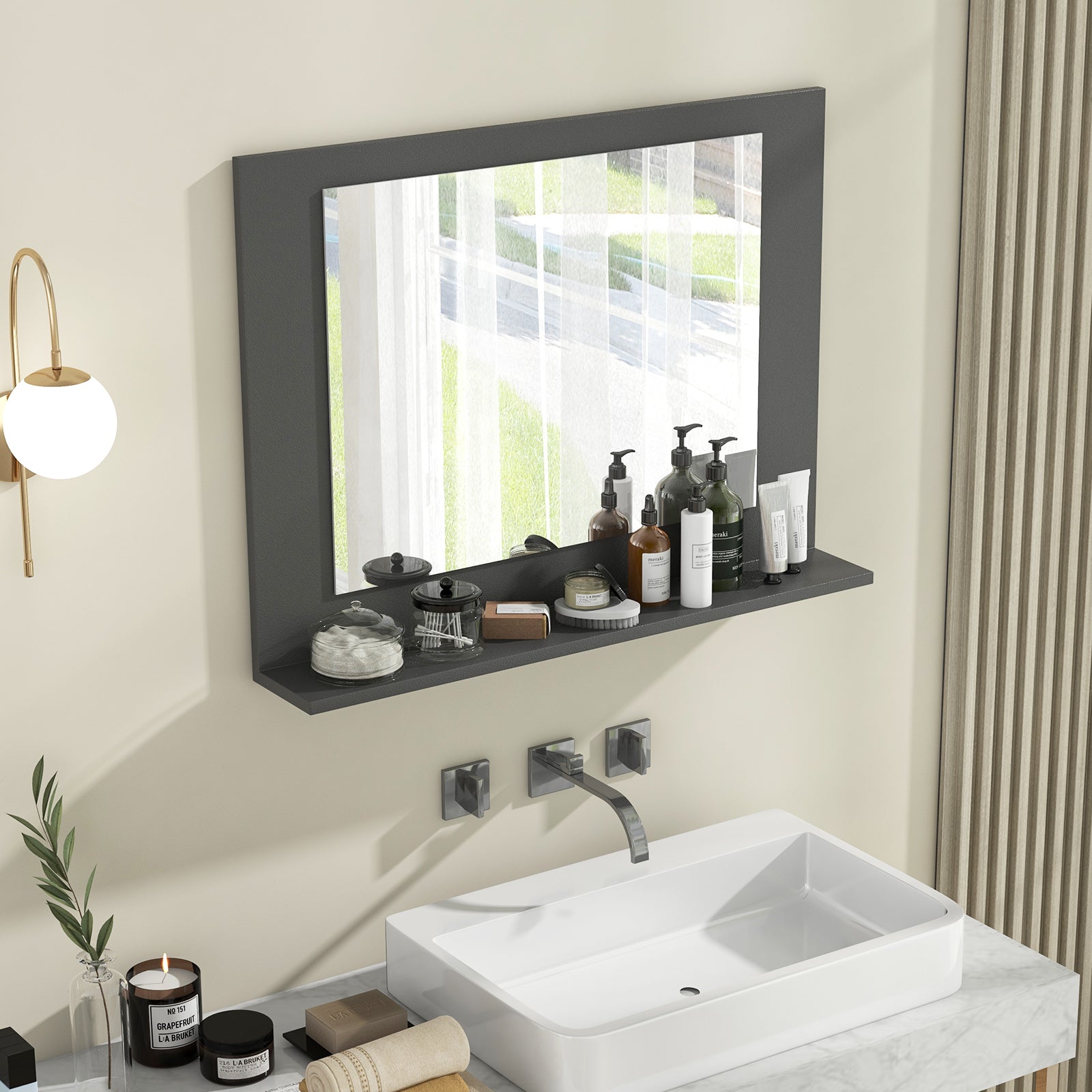 Rectangle Bathroom Mirror With Shelf, 23.5 x 17.5 Inch, Wood Frame, Gray Wall Mirrors at Gallery Canada