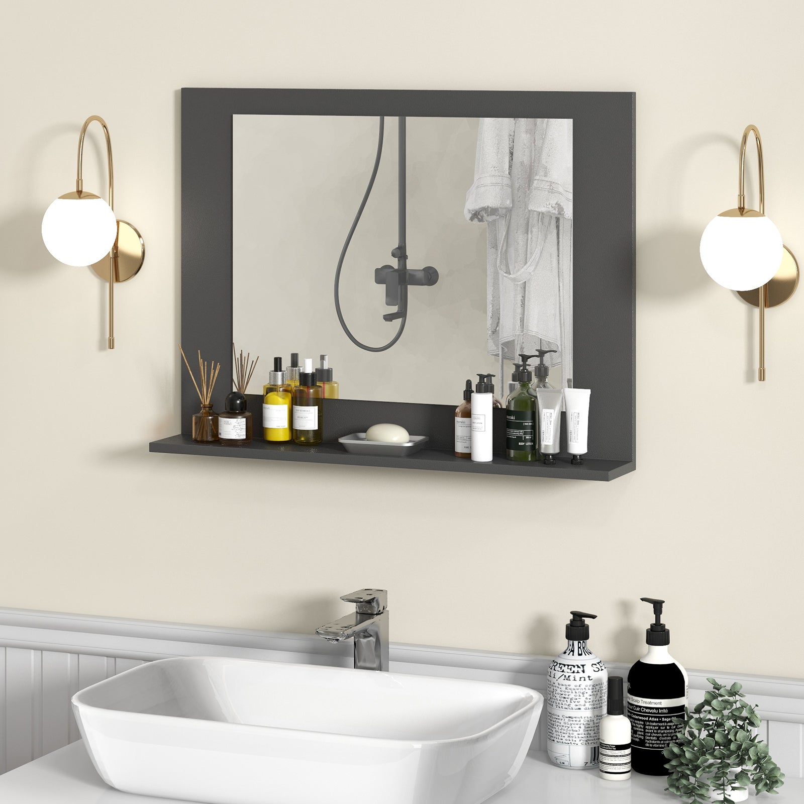 Rectangle Bathroom Mirror With Shelf, 23.5 x 17.5 Inch, Wood Frame, Gray Wall Mirrors at Gallery Canada
