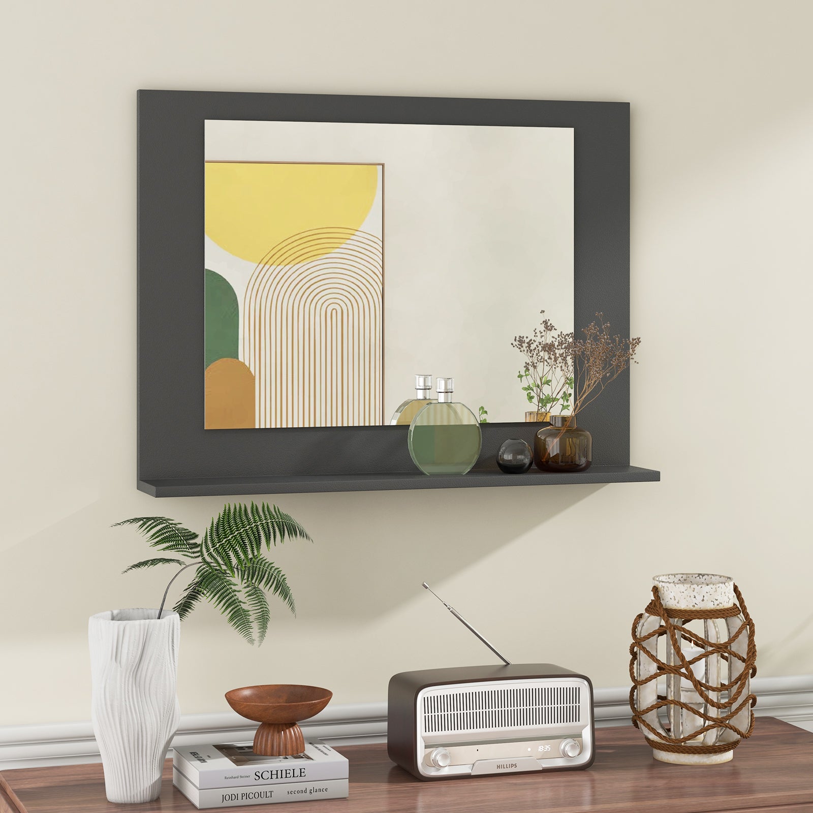 Rectangle Bathroom Mirror With Shelf, 23.5 x 17.5 Inch, Wood Frame, Gray Wall Mirrors at Gallery Canada