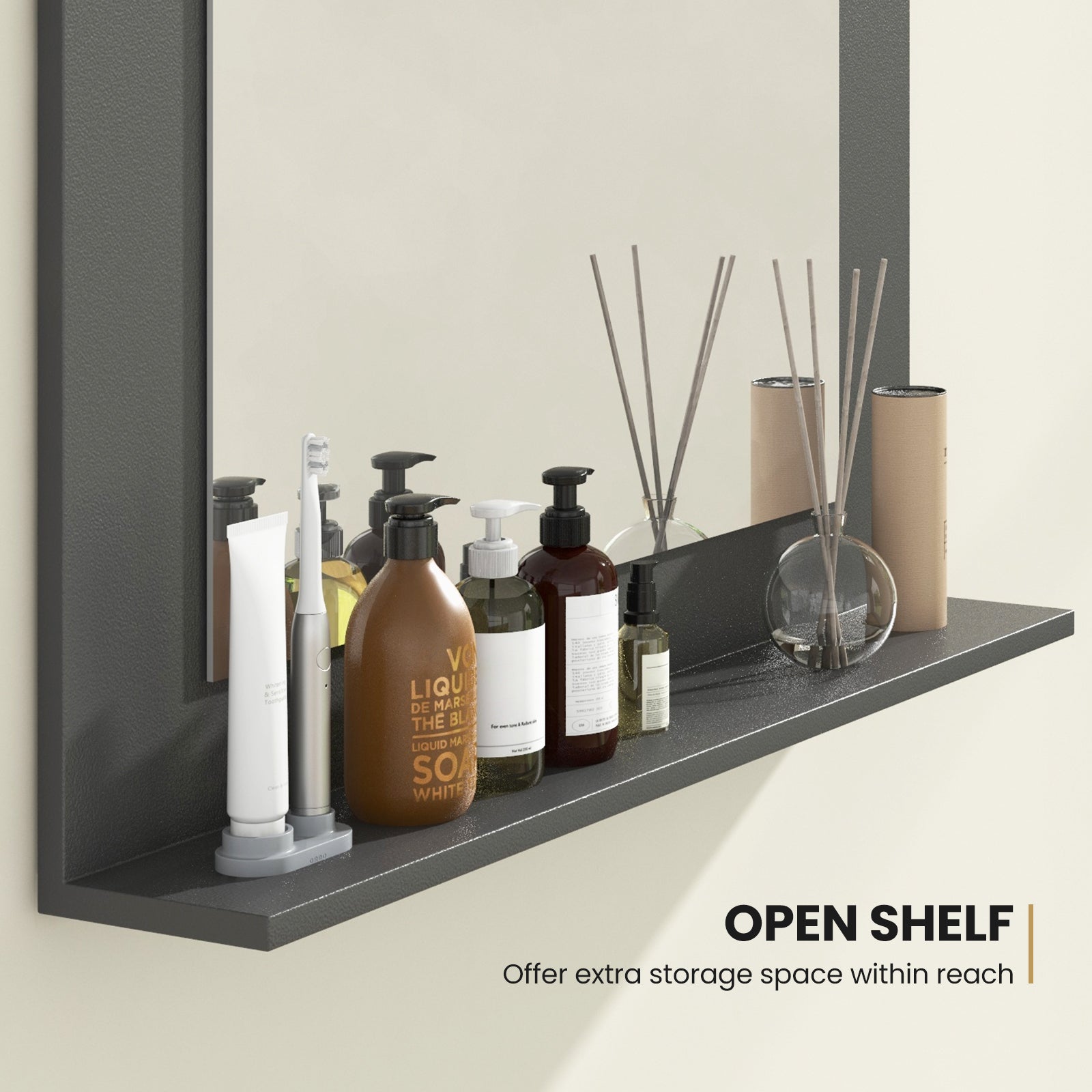 Rectangle Bathroom Mirror With Shelf, 23.5 x 17.5 Inch, Wood Frame, Gray Wall Mirrors at Gallery Canada