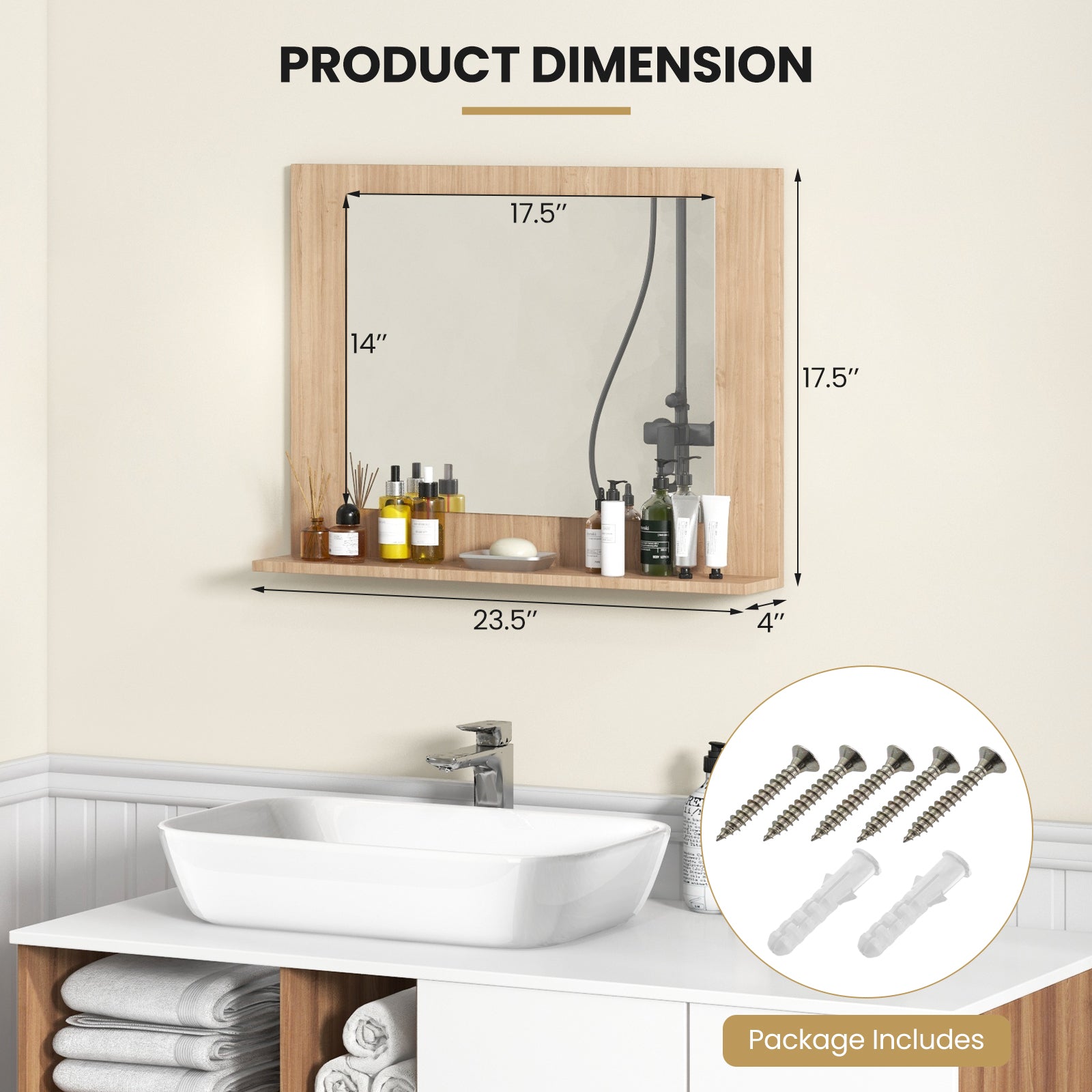 Rectangle Bathroom Mirror With Shelf, 23.5 x 17.5 Inch, Wood Frame, Brown Wall Mirrors at Gallery Canada