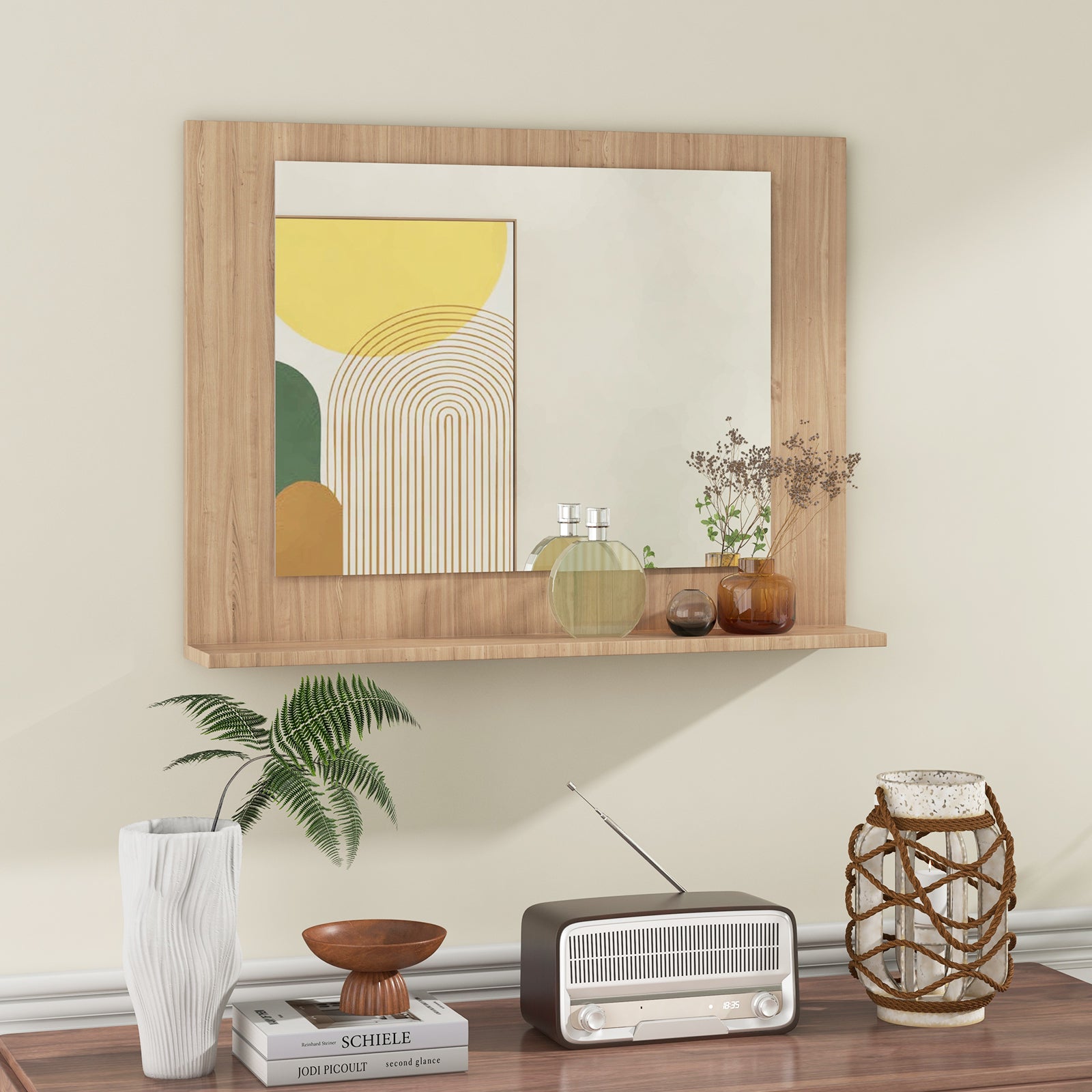 Rectangle Bathroom Mirror With Shelf, 23.5 x 17.5 Inch, Wood Frame, Brown Wall Mirrors at Gallery Canada