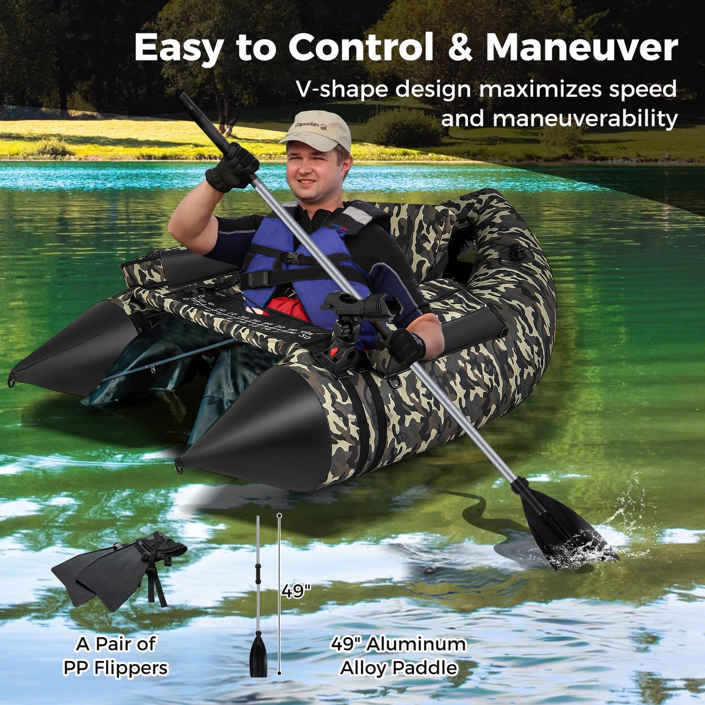 Inflatable Fishing Float Tube, 350 LBS, Adjustable Backrest, Camouflage Water Sports at Gallery Canada