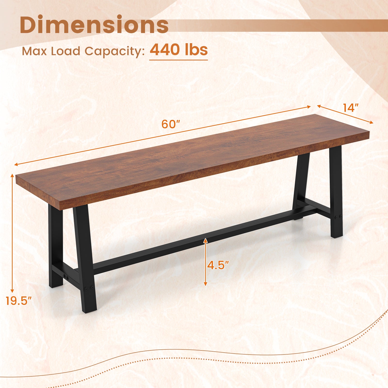 60 Inch Dining Bench, 3 Person, Walnut, Metal Frame Dining Chairs at Gallery Canada