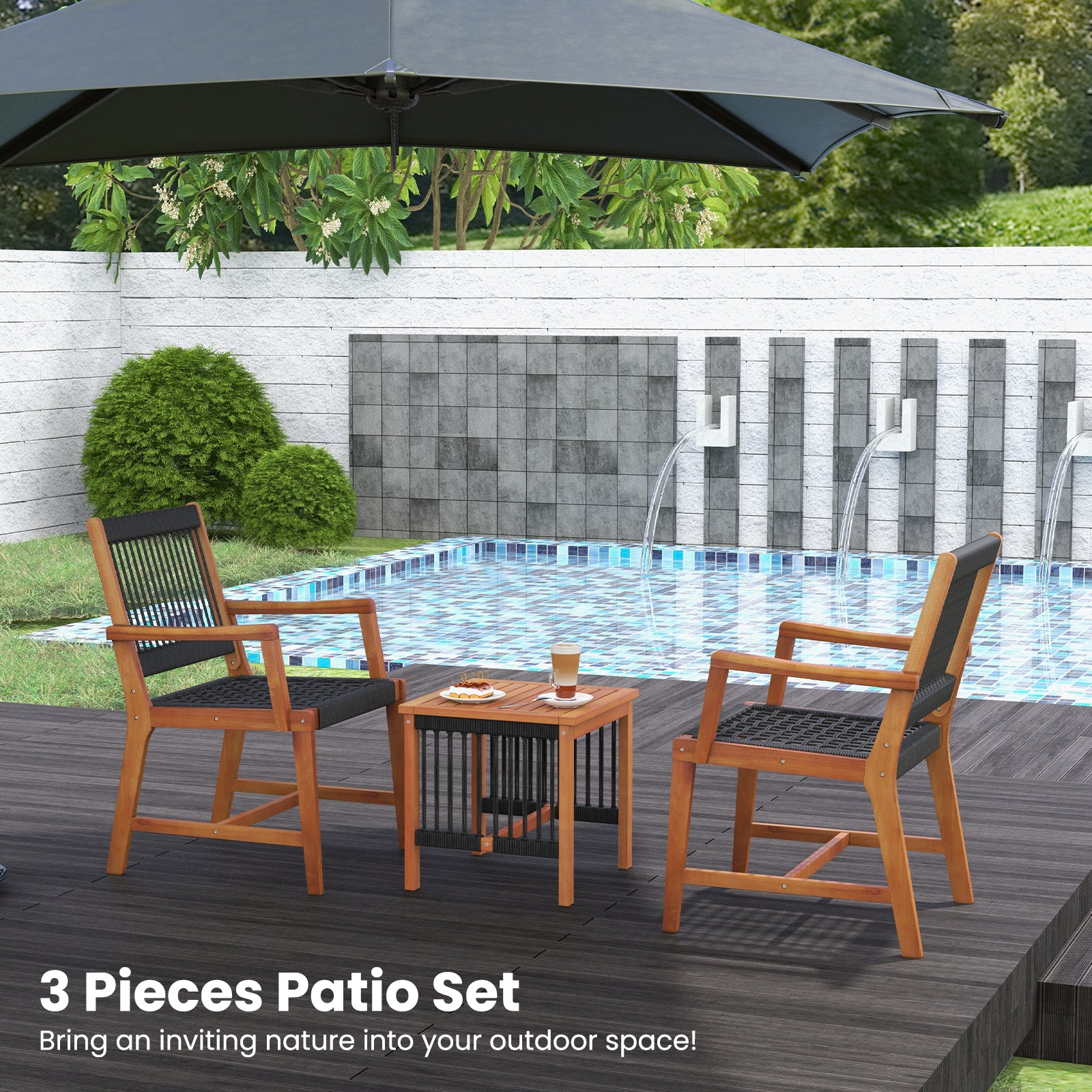 3 Piece Acacia Wood Patio Furniture Set, Armchairs Coffee Table, Multicolor Patio Conversation Sets at Gallery Canada