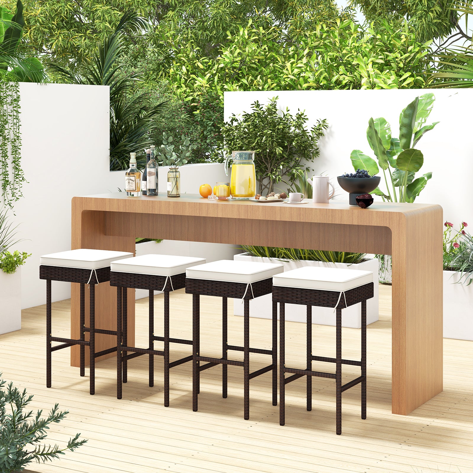 Patio Rattan Barstools Set Of 4 With Footrest, Cushions, Off White Patio Bar Furniture at Gallery Canada