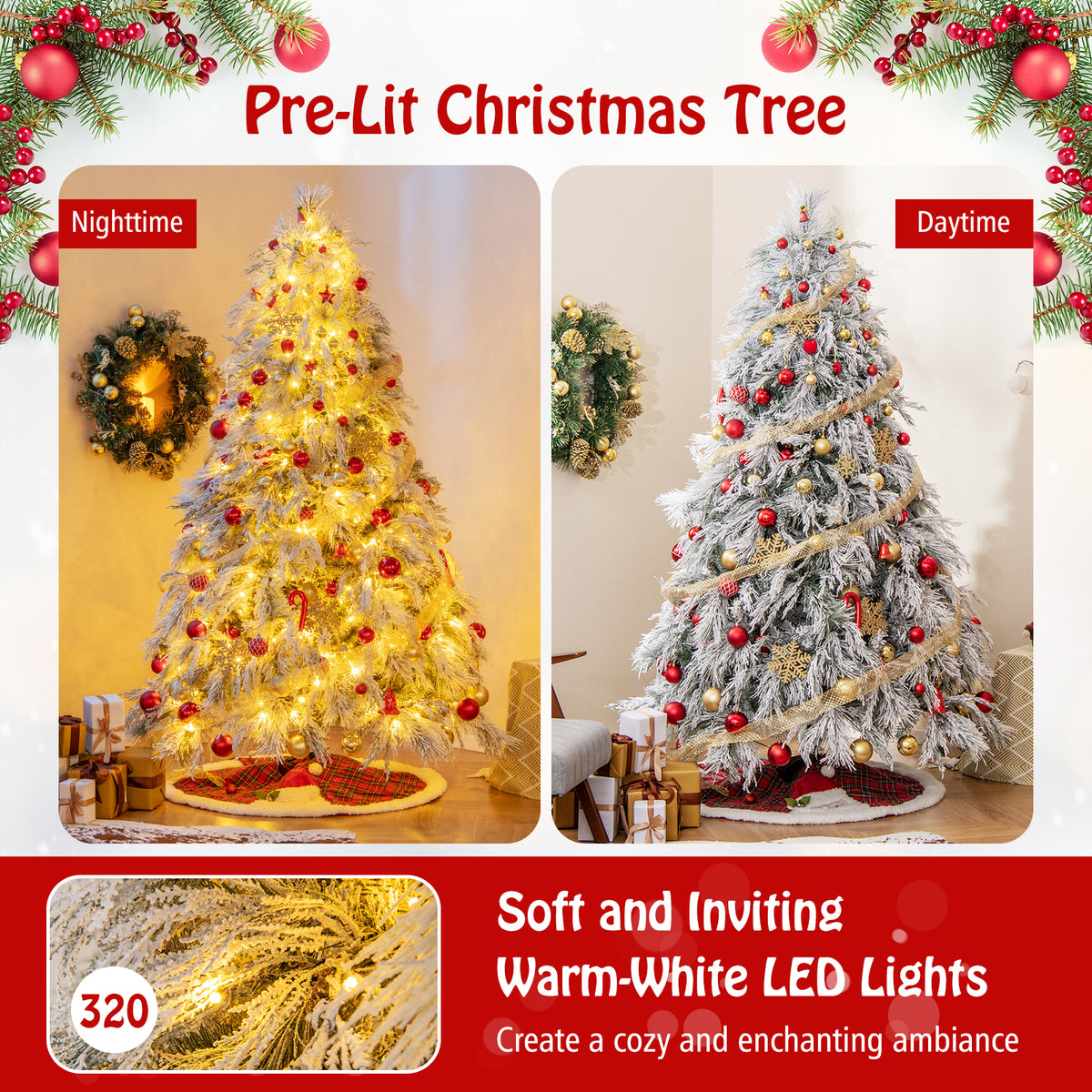 7 Ft Pre-Lit Snow Flocked Christmas Tree, Warm White LED Lights, White Christmas Tree at Gallery Canada