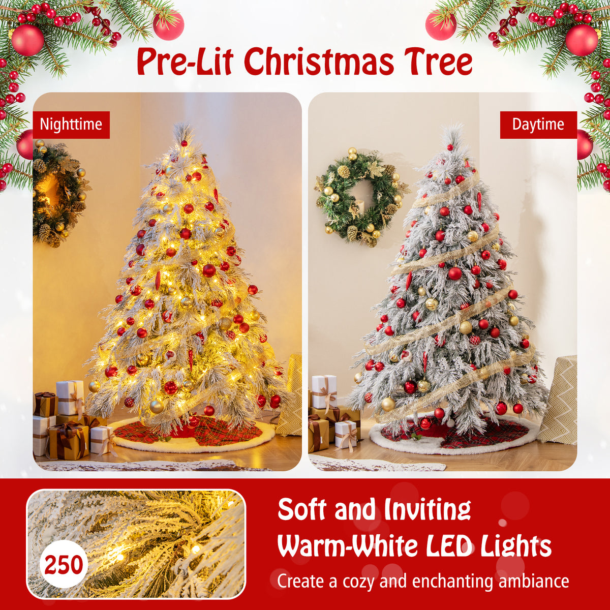 6 Ft Pre-Lit Snow Flocked Christmas Tree, Warm White LED Lights, White Christmas Tree at Gallery Canada