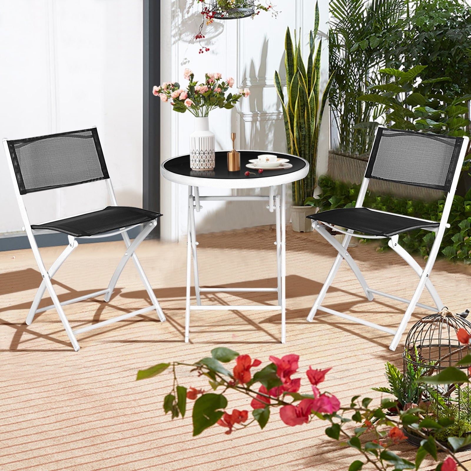3 PCS Folding Bistro Table Chairs Set Garden Backyard Patio Furniture Black New, Black Patio Conversation Sets at Gallery Canada