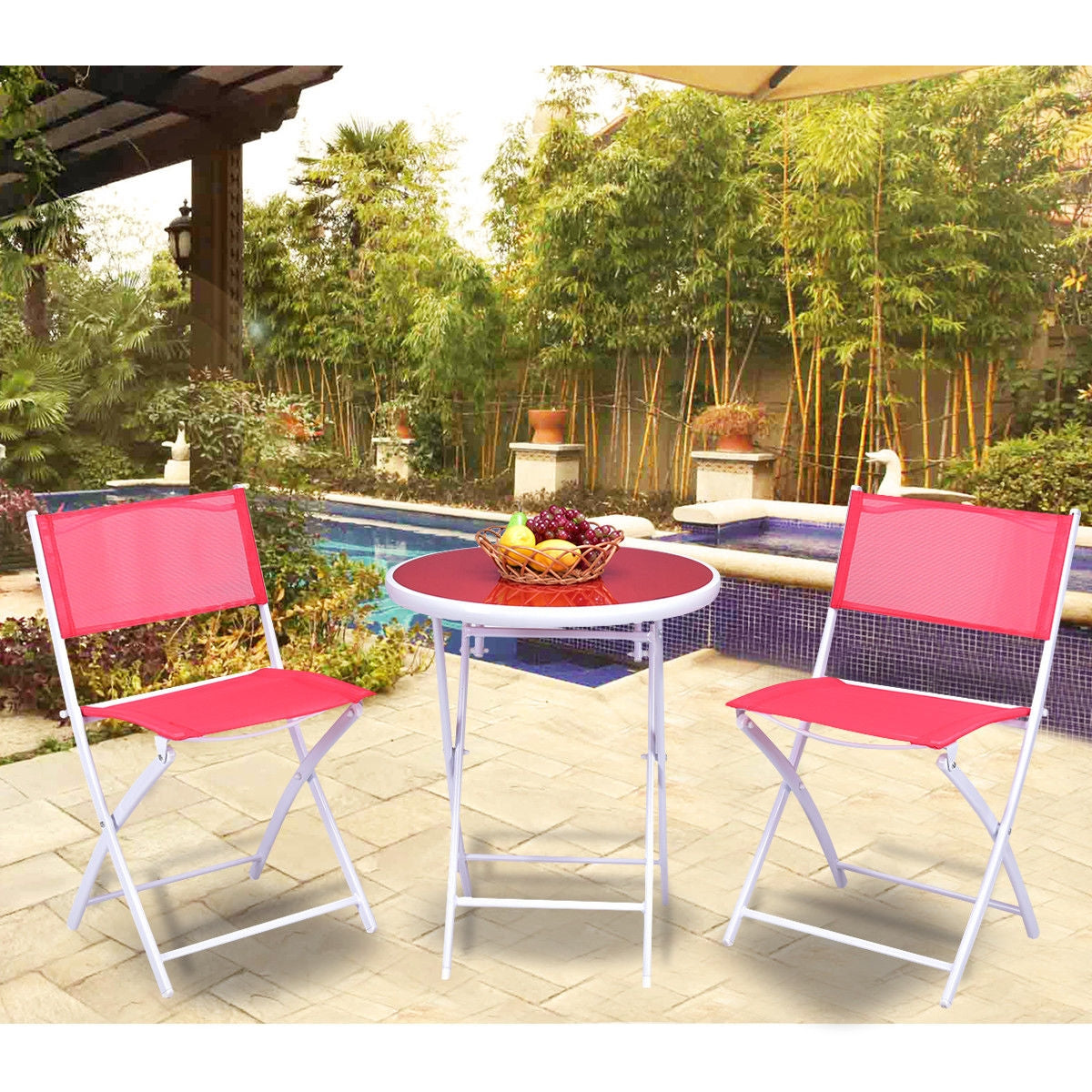 3 Piece Patio Folding Bistro Set, Red Patio Conversation Sets at Gallery Canada