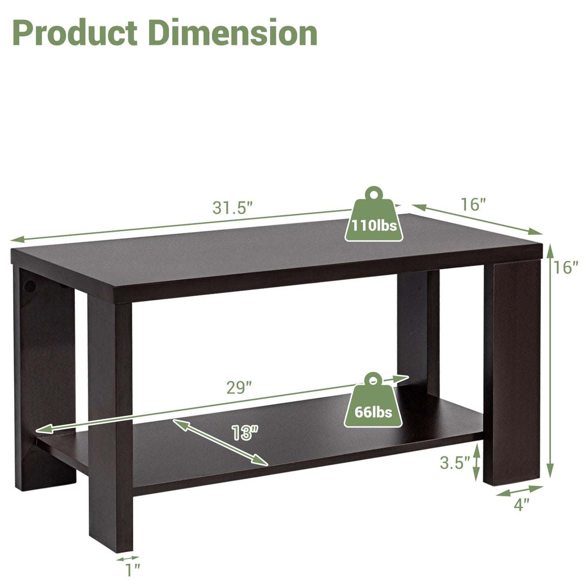Rectangular Cocktail Coffee Table with Storage Shelf, Brown Coffee Tables at Gallery Canada