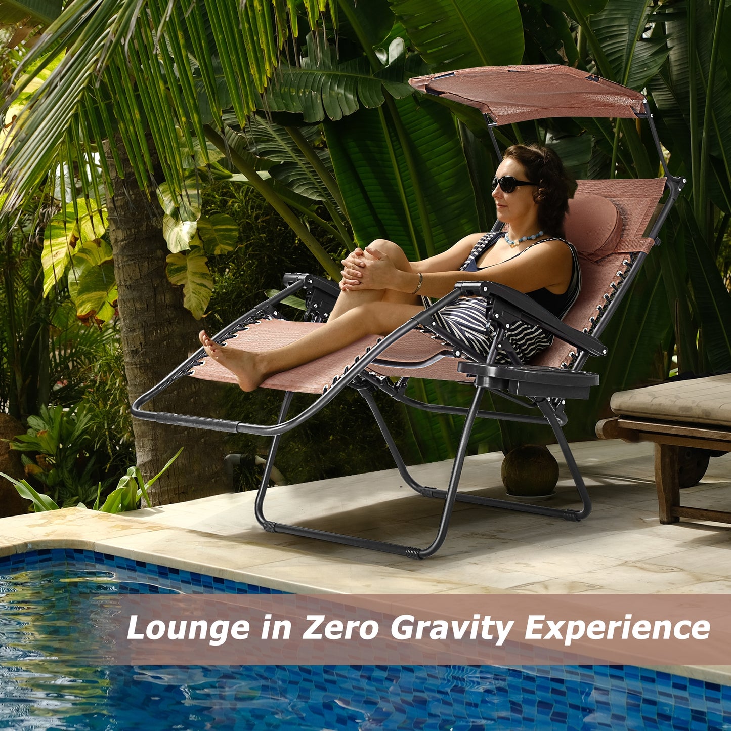 Folding Recliner Lounge Chair, Shade Canopy, Cup Holder, Brown Beach & Lawn Chairs at Gallery Canada