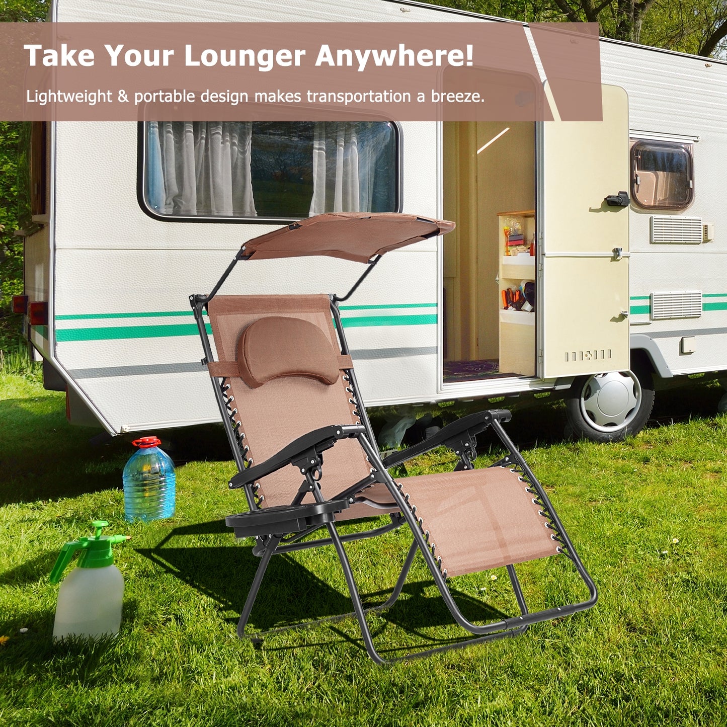 Folding Recliner Lounge Chair, Shade Canopy, Cup Holder, Brown Beach & Lawn Chairs at Gallery Canada