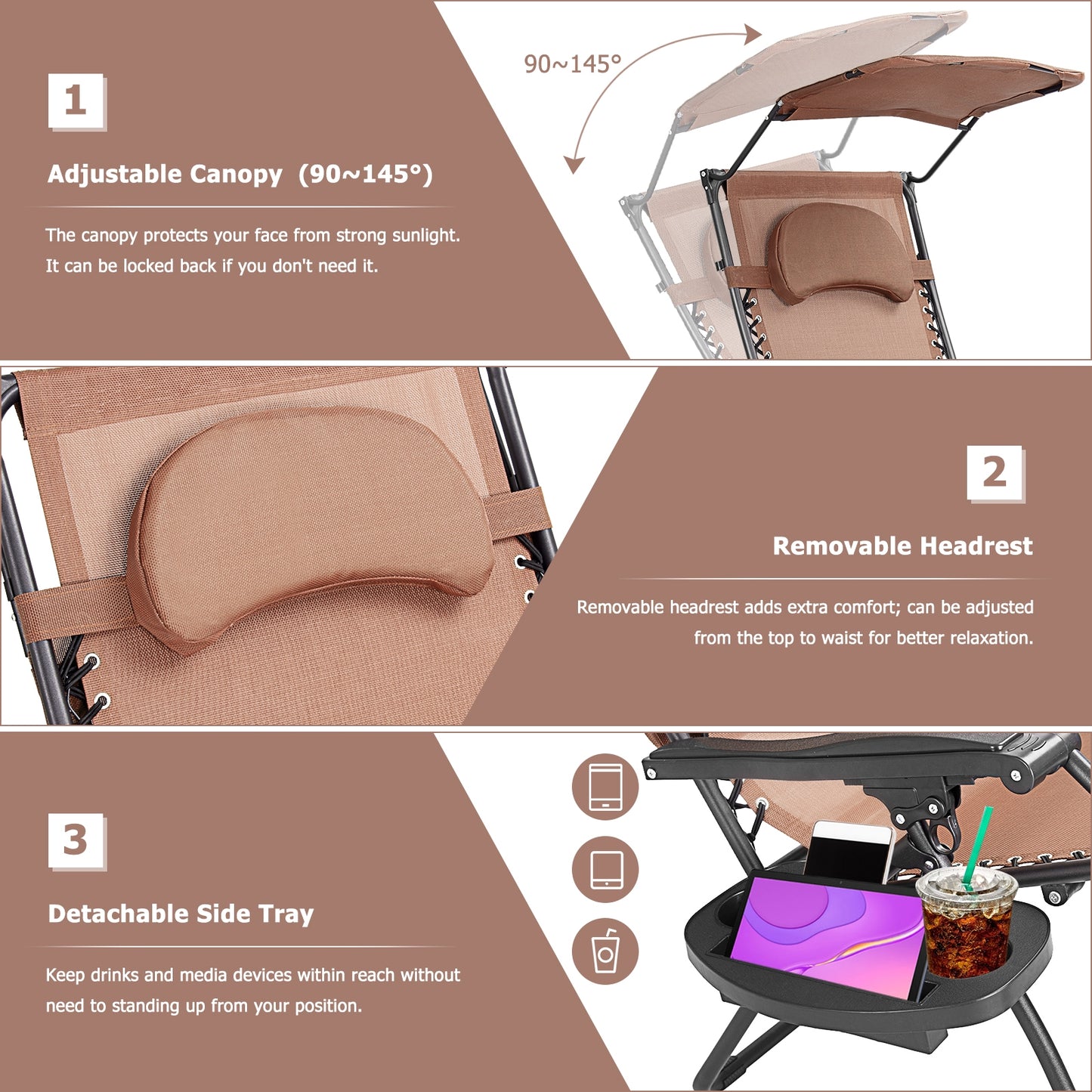 Folding Recliner Lounge Chair, Shade Canopy, Cup Holder, Brown Beach & Lawn Chairs at Gallery Canada