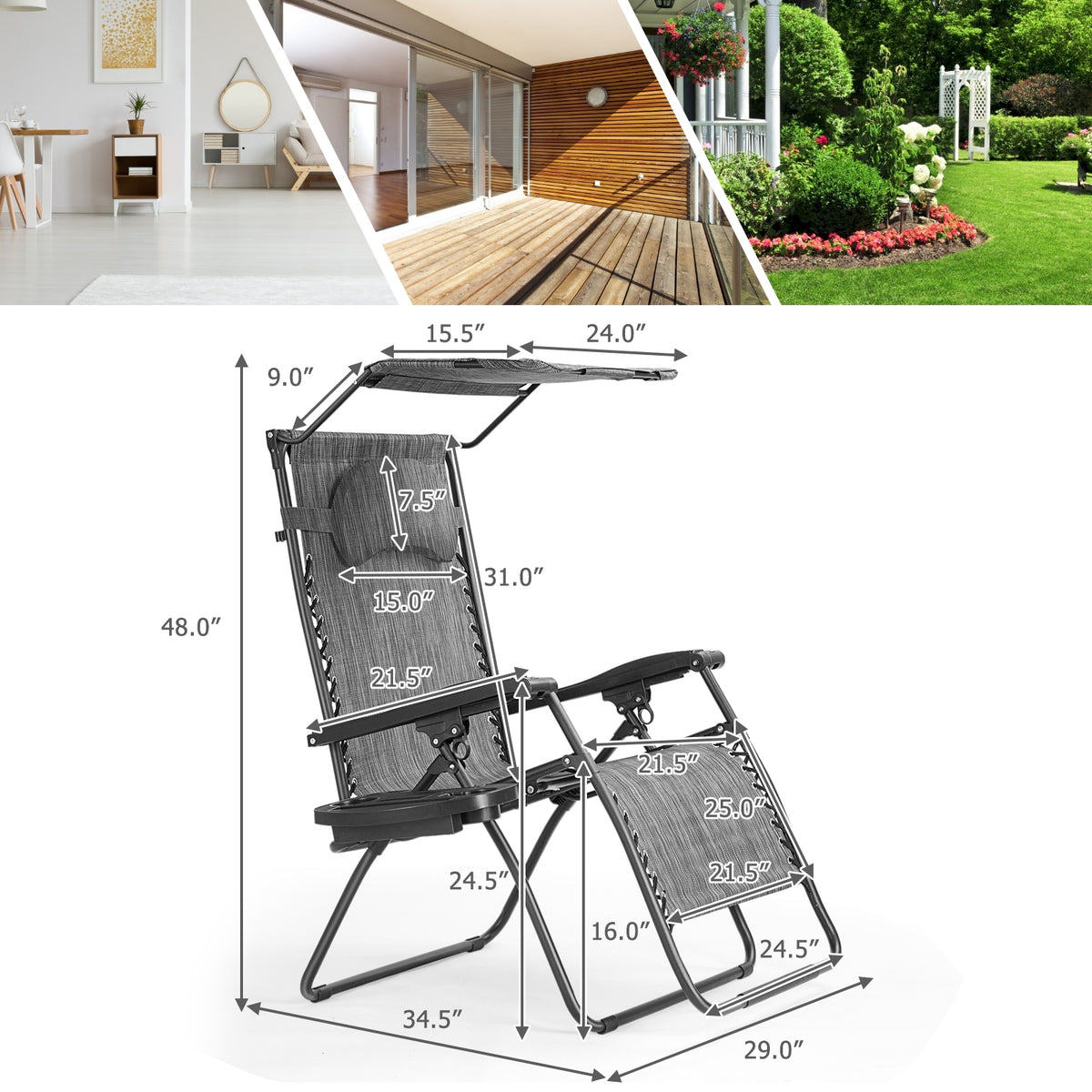 Folding Recliner Lounge Chair With Shade Canopy, Cup Holder, Gray Beach & Lawn Chairs at Gallery Canada