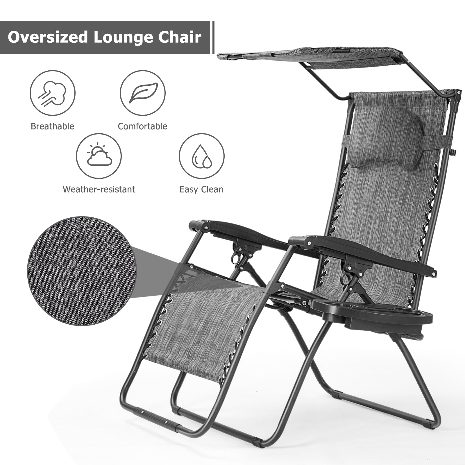 Folding Recliner Lounge Chair With Shade Canopy, Cup Holder, Gray Beach & Lawn Chairs at Gallery Canada