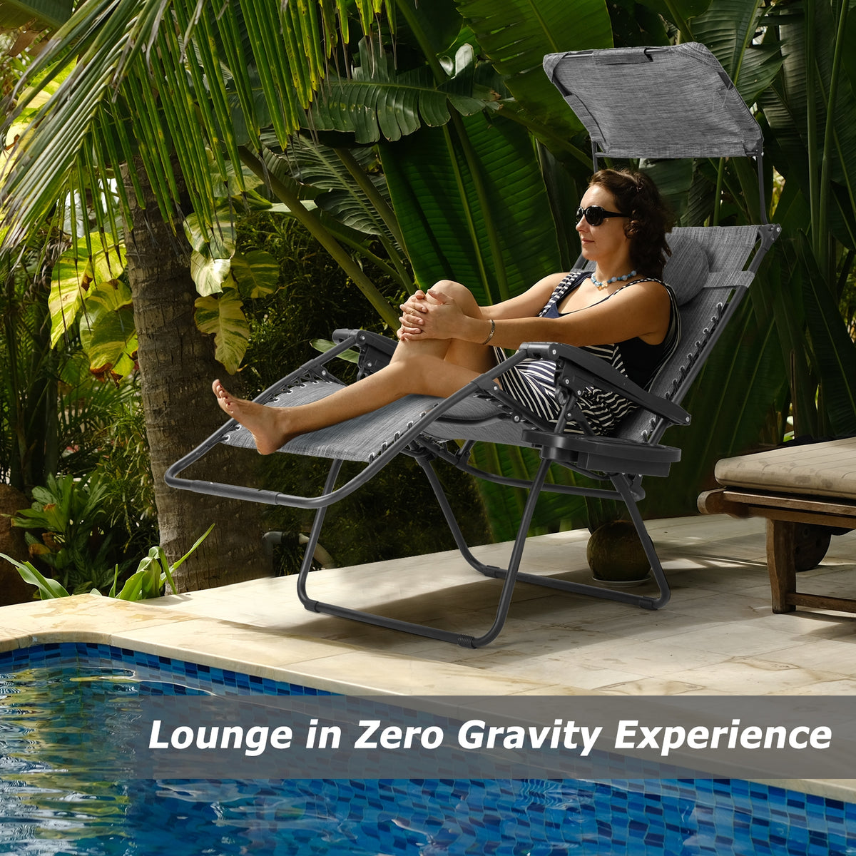 Folding Recliner Lounge Chair With Shade Canopy, Cup Holder, Gray Beach & Lawn Chairs at Gallery Canada