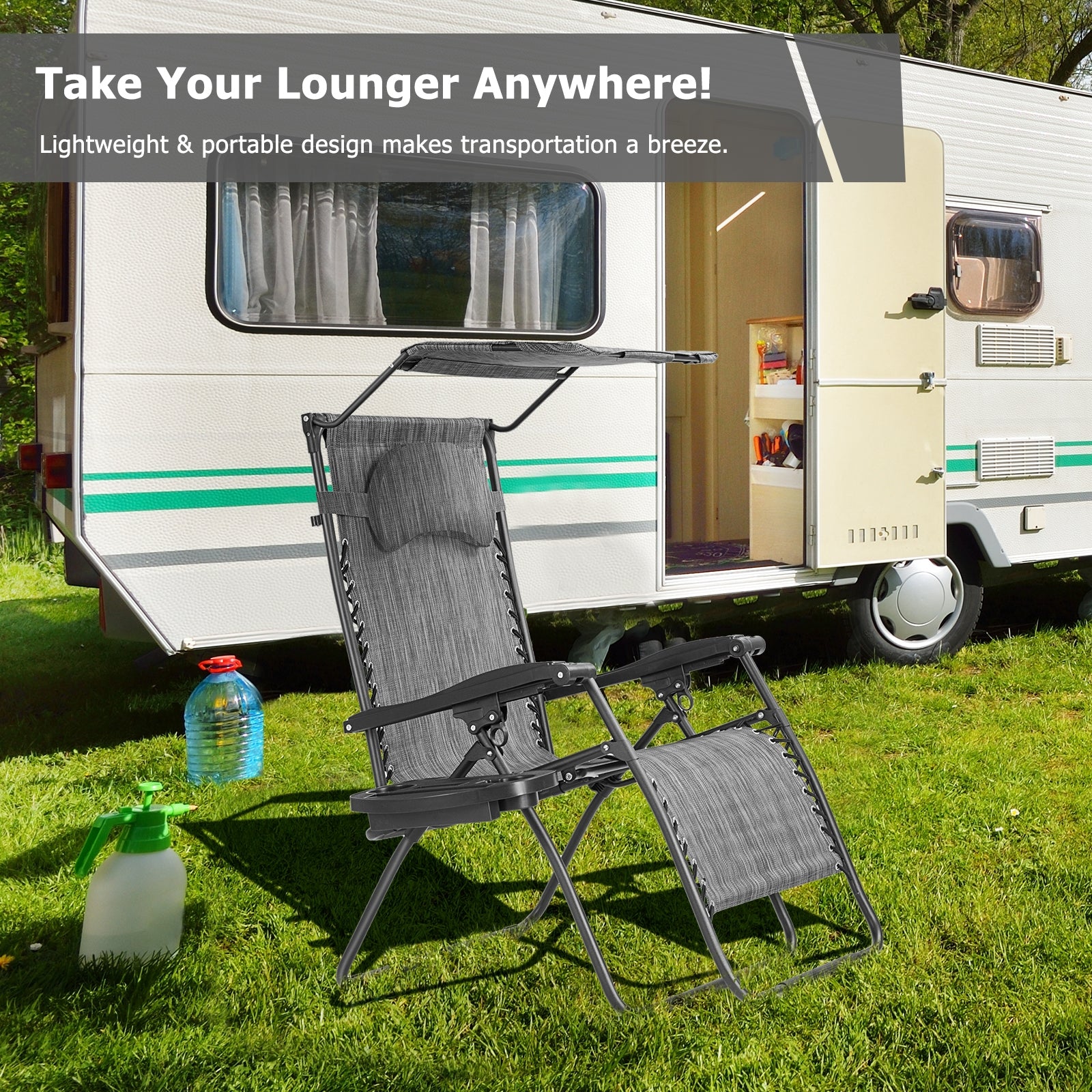 Folding Recliner Lounge Chair With Shade Canopy, Cup Holder, Gray Beach & Lawn Chairs at Gallery Canada