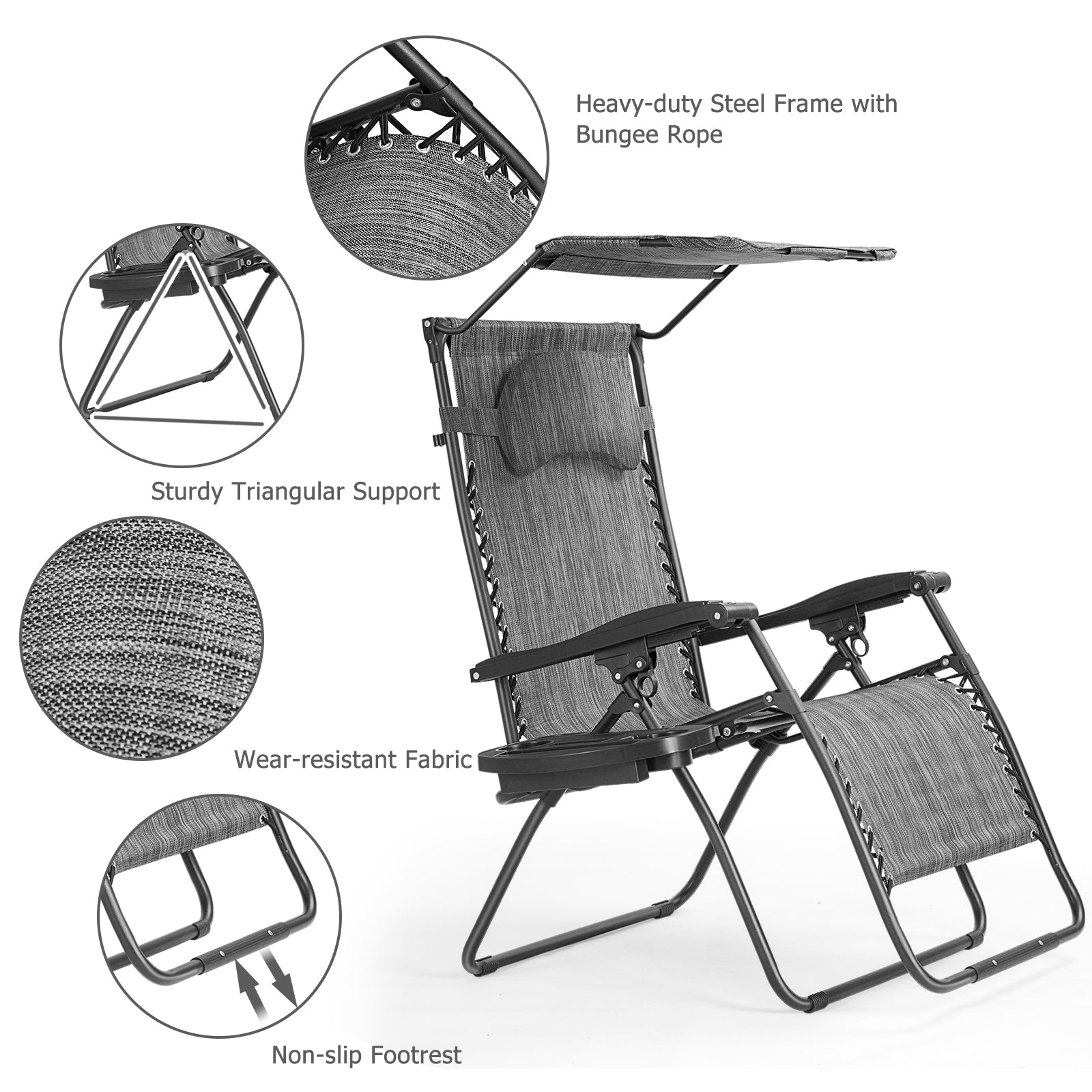 Folding Recliner Lounge Chair With Shade Canopy, Cup Holder, Gray Beach & Lawn Chairs at Gallery Canada