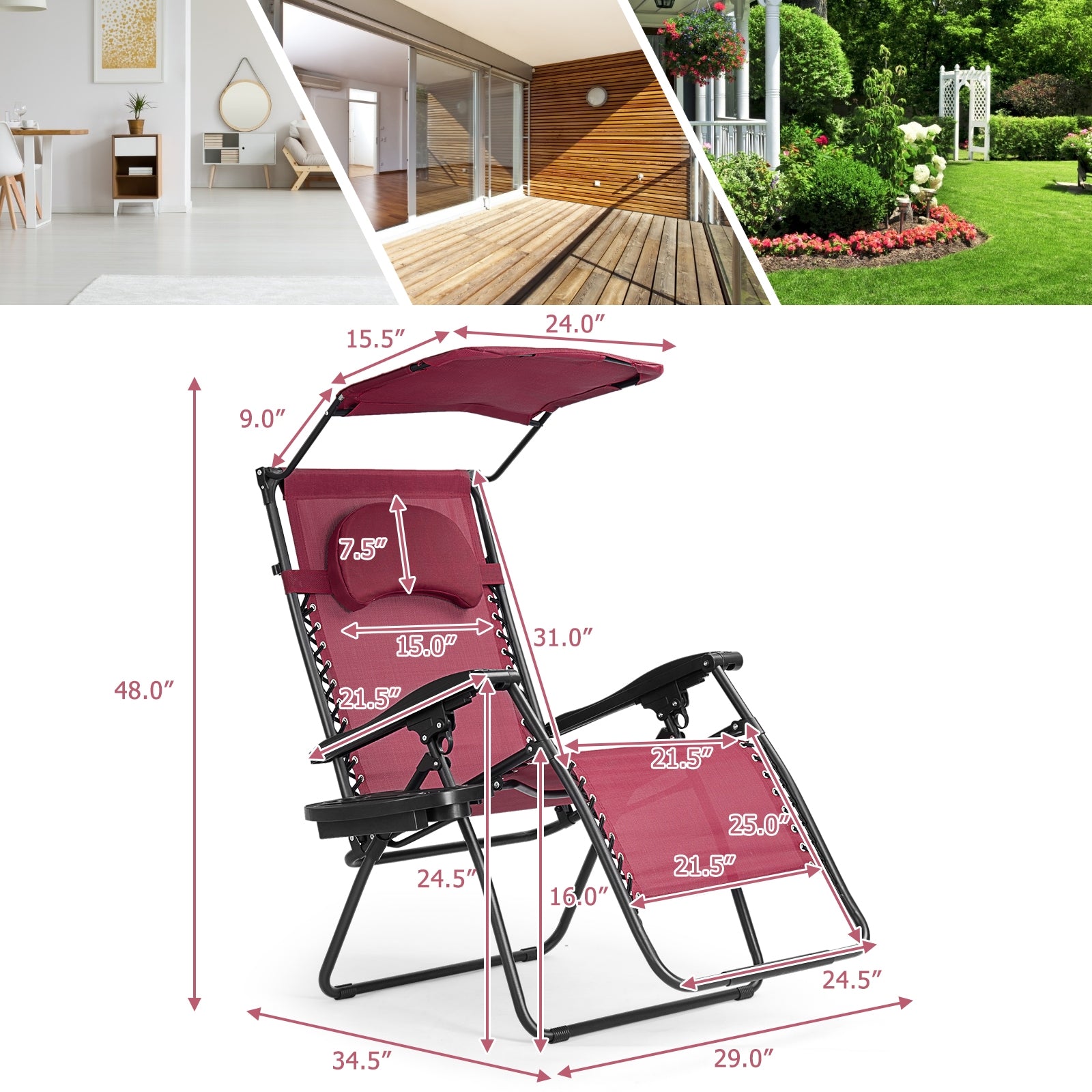 Folding Recliner Lounge Chair, Shade Canopy Cup Holder, Dark Red Beach & Lawn Chairs at Gallery Canada
