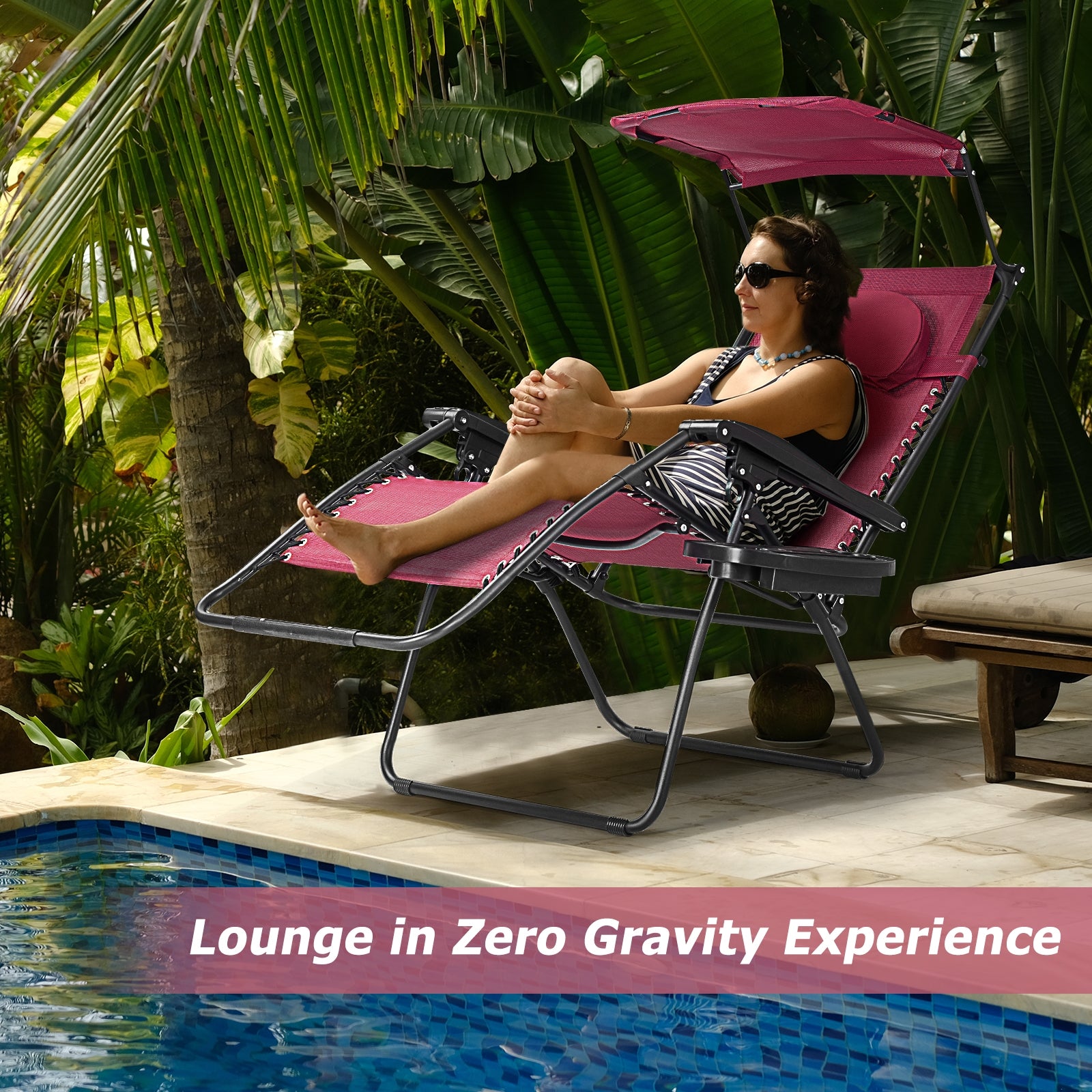 Folding Recliner Lounge Chair, Shade Canopy Cup Holder, Dark Red Beach & Lawn Chairs at Gallery Canada