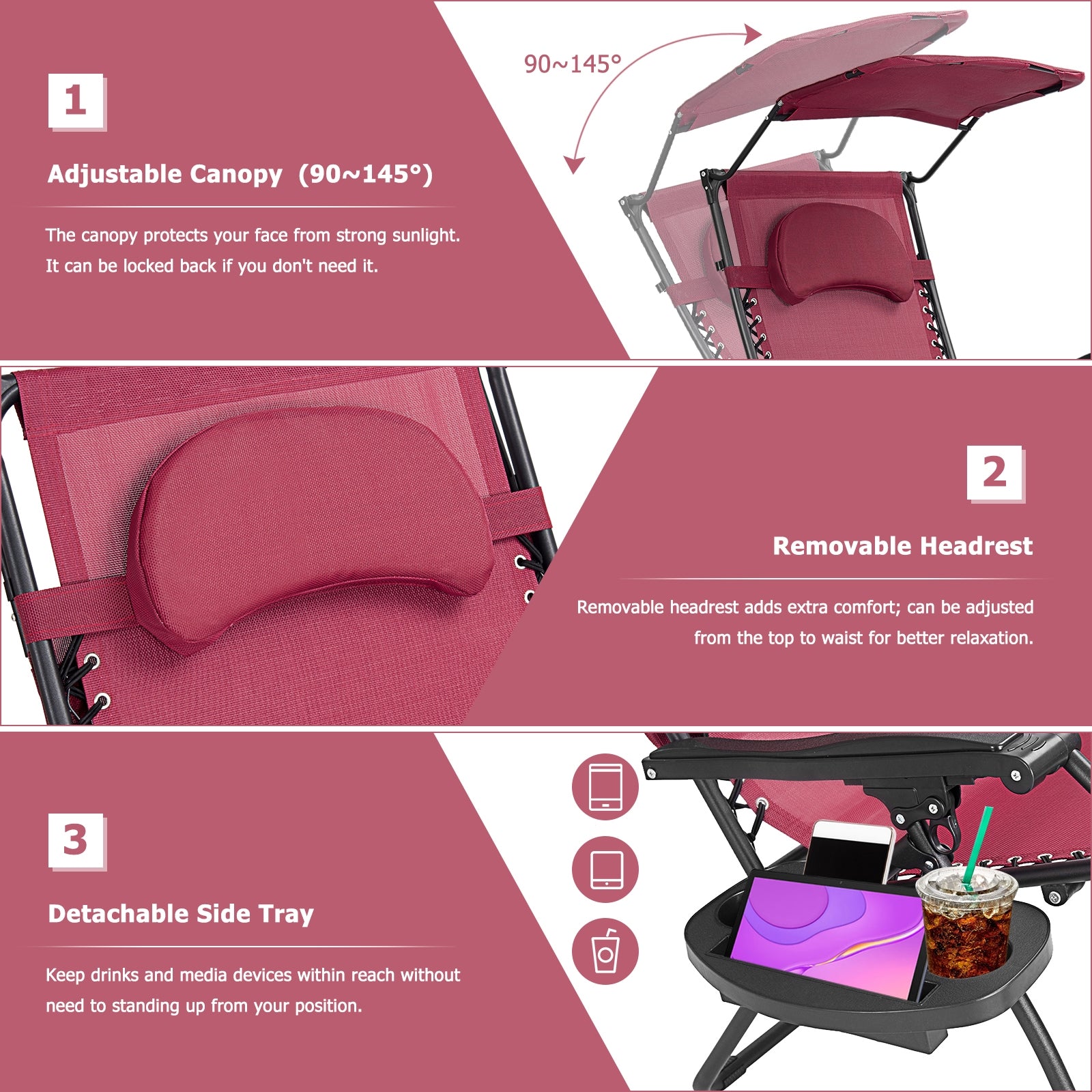 Folding Recliner Lounge Chair, Shade Canopy Cup Holder, Dark Red Beach & Lawn Chairs at Gallery Canada