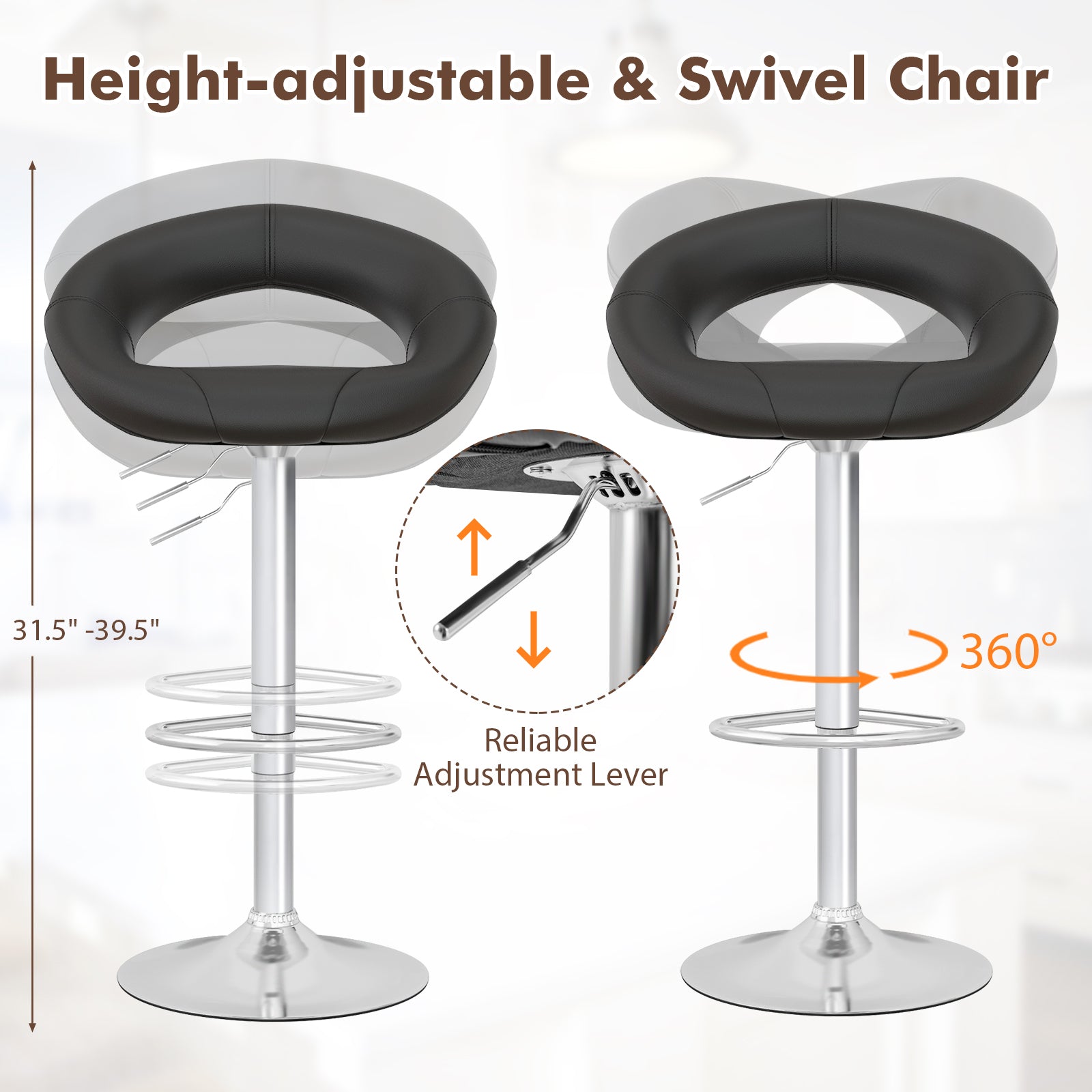 Height Adjustable Bar Stools, Set of 2, Hollow Back, Footrest, Black Bar Stools at Gallery Canada