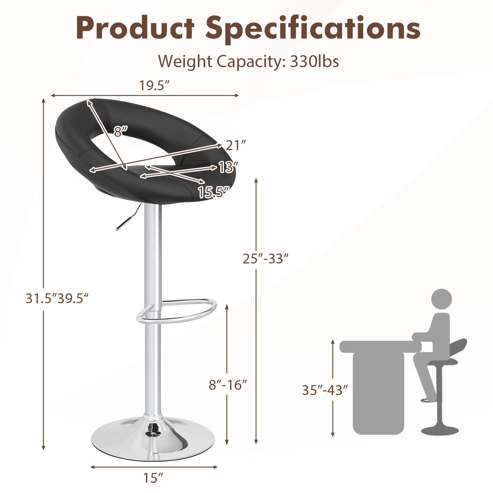 Height Adjustable Bar Stools, Set of 2, Hollow Back, Footrest, Black Bar Stools at Gallery Canada