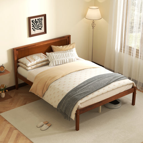 Full Size Bed Frame With Wooden Headboard, Slat Support, Walnut