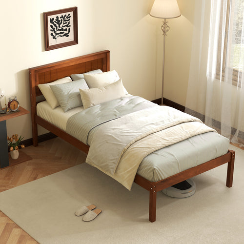 Twin Size Bed Frame With Wooden Headboard, Slat Support, Walnut