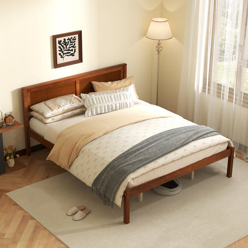 Queen Size Bed Frame With Wooden Headboard, Slat Support, Walnut