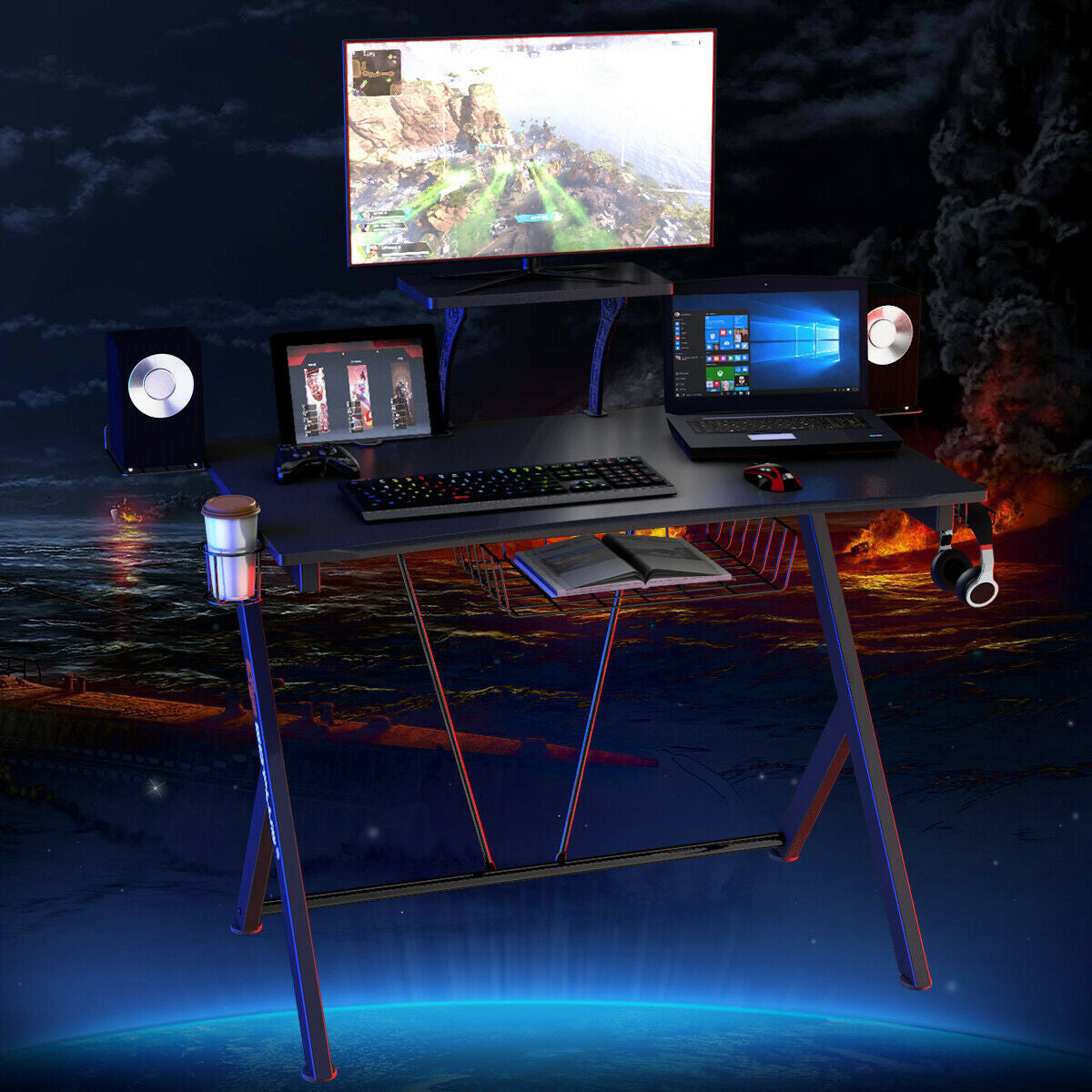 Multifunctional Gaming Desk With Headset Hook, Cup Holder, Black Gaming Desks at Gallery Canada