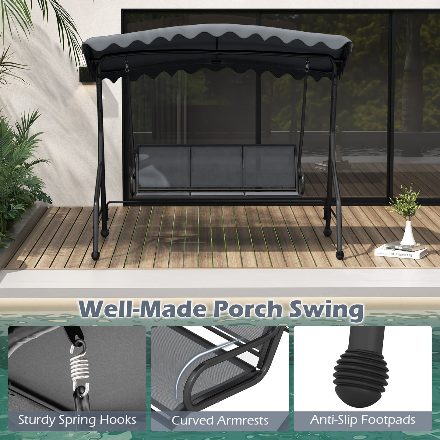 3-Seat Outdoor Porch Swing, Adjustable Shading, Gray Porch Swings at Gallery Canada