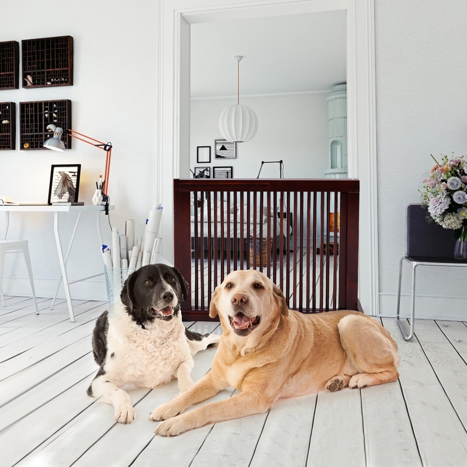 Folding Adjustable 3 Panel Wood Fence, Brown Pet Gate at Gallery Canada