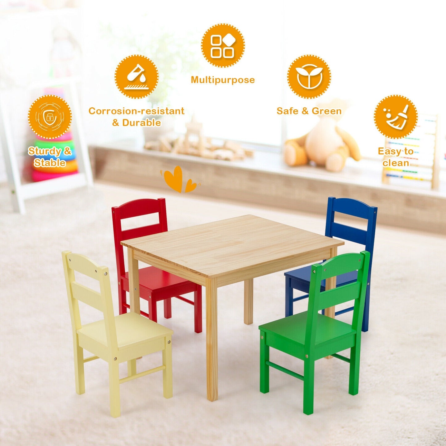 5 Pieces Kids Pine Wood Table Chair Set, Multicolor Kids Table & Chair Sets at Gallery Canada
