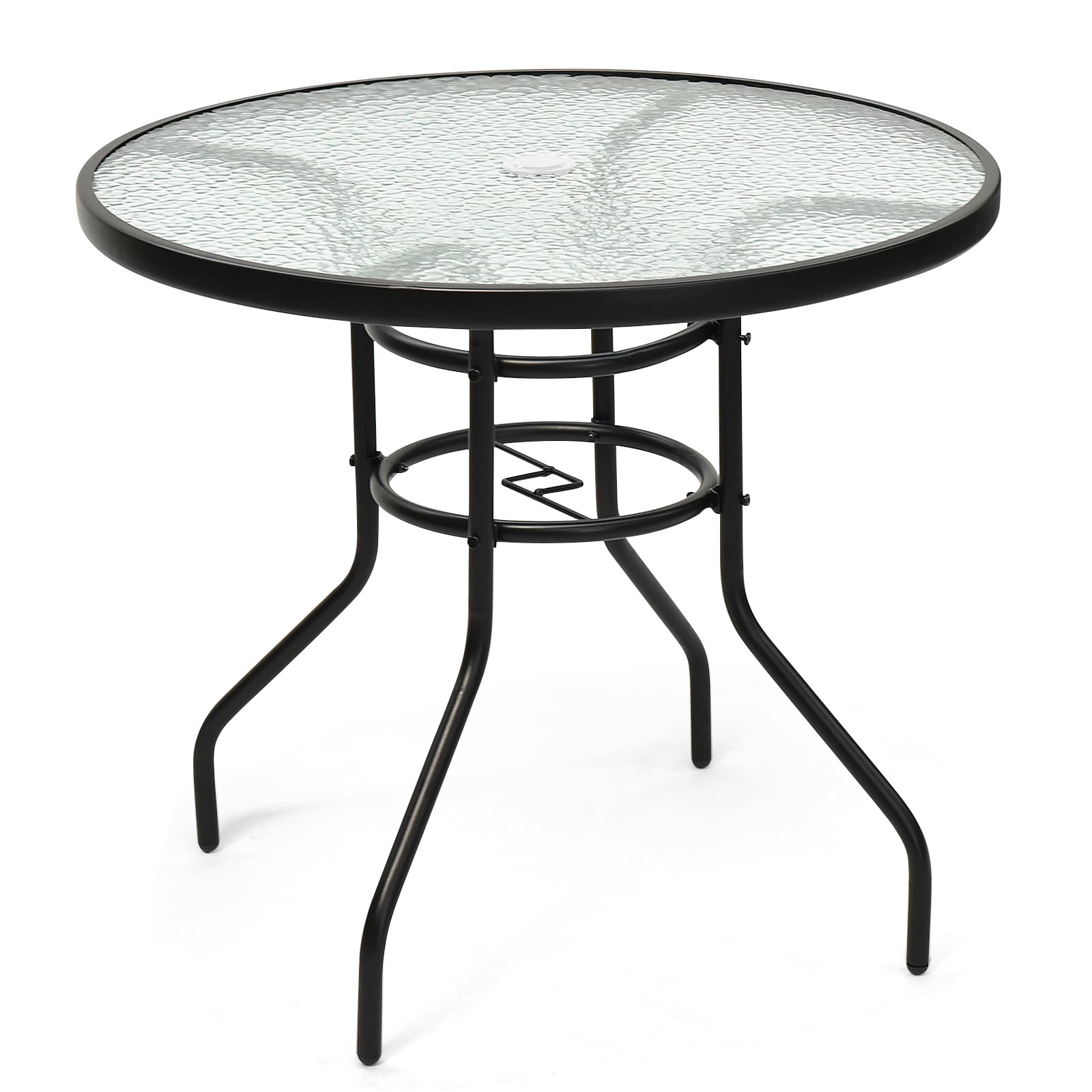 32 Inch Round Patio Table, Tempered Glass Steel Frame, Umbrella Hole, Black Patio Dining Tables at Gallery Canada