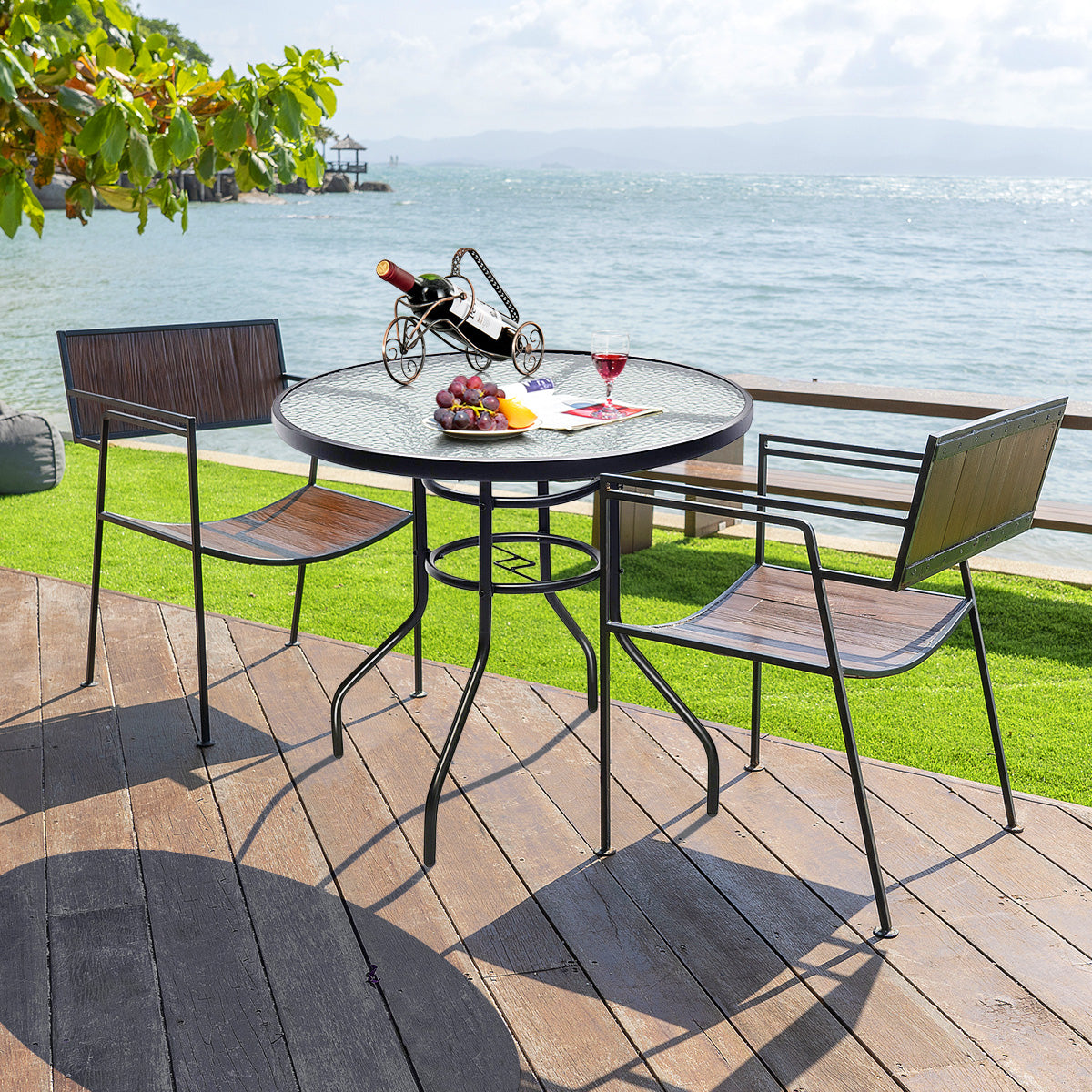 32 Inch Round Patio Table, Tempered Glass Steel Frame, Umbrella Hole, Black Patio Dining Tables at Gallery Canada