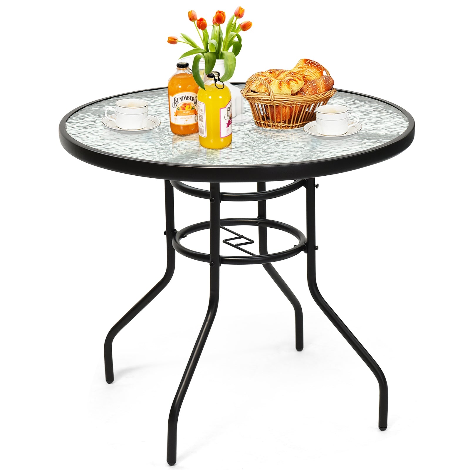 32 Inch Round Patio Table, Tempered Glass Steel Frame, Umbrella Hole, Black Patio Dining Tables at Gallery Canada