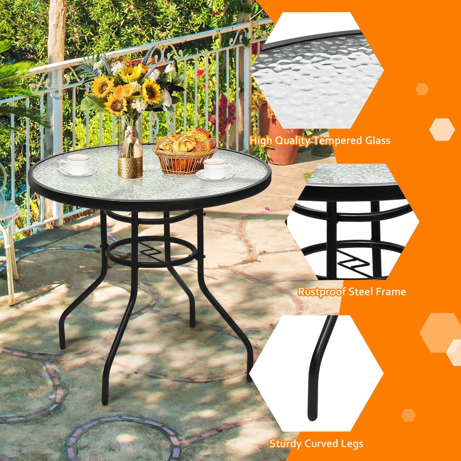 32 Inch Round Patio Table, Tempered Glass Steel Frame, Umbrella Hole, Black Patio Dining Tables at Gallery Canada