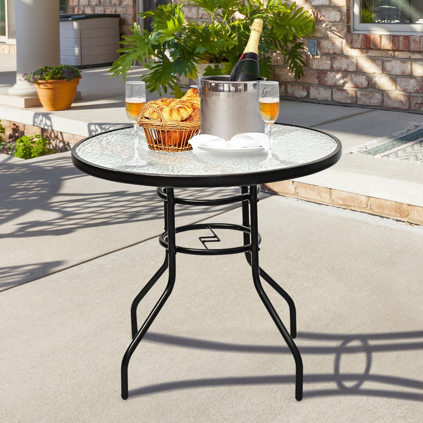 32 Inch Round Patio Table, Tempered Glass Steel Frame, Umbrella Hole, Black Patio Dining Tables at Gallery Canada