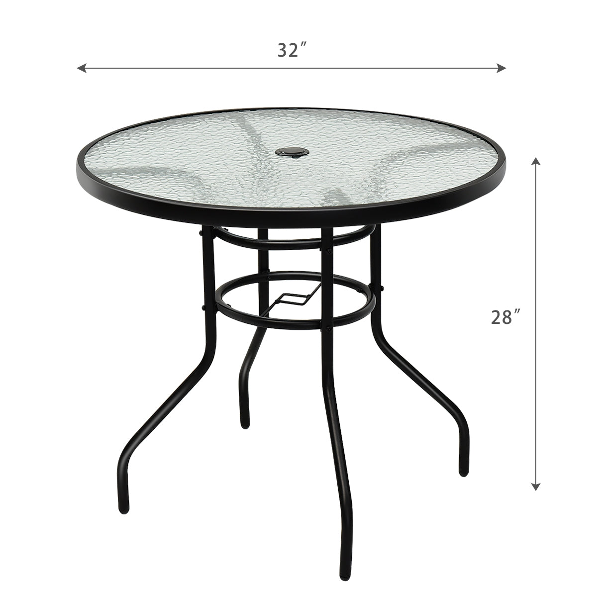 32 Inch Round Patio Table, Tempered Glass Steel Frame, Umbrella Hole, Black Patio Dining Tables at Gallery Canada