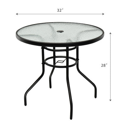 32 Inch Round Patio Table, Tempered Glass Steel Frame, Umbrella Hole, Black Patio Dining Tables at Gallery Canada