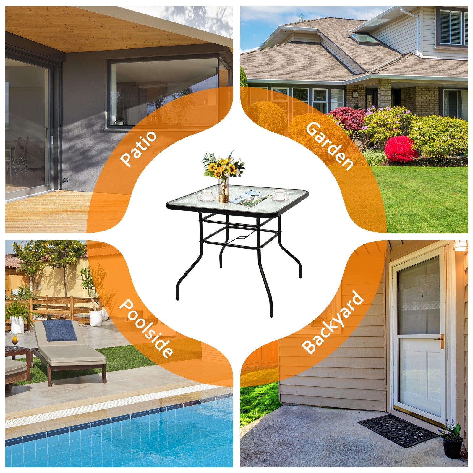 32 Inch Square Patio Table, Tempered Glass Steel Frame, Black Patio Dining Tables at Gallery Canada