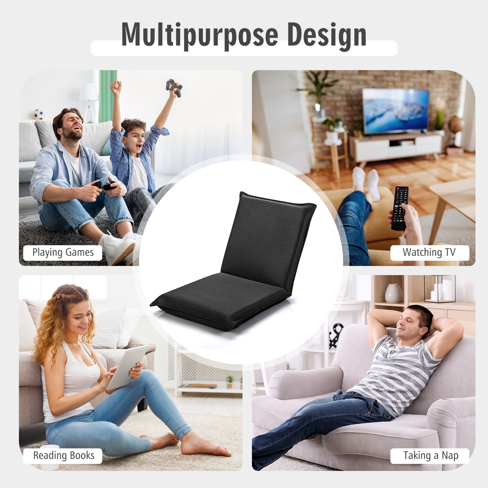 Adjustable 6 positions Folding Lazy Man Sofa Chair Floor Chair, Black Floor Chairs at Gallery Canada