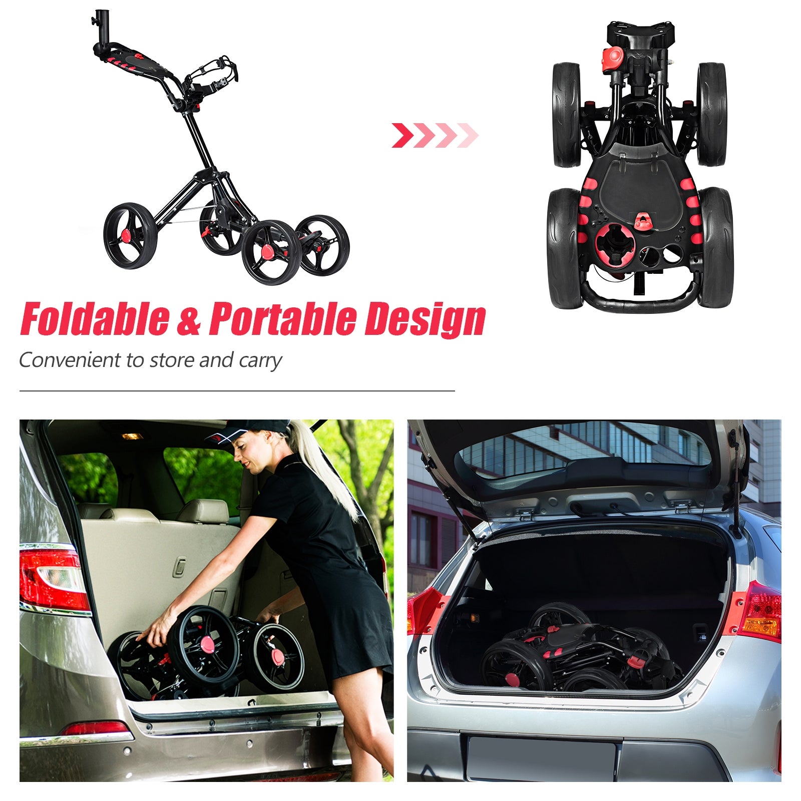 4 Wheel Folding Golf Pull Push Cart Trolley, Black Golf at Gallery Canada