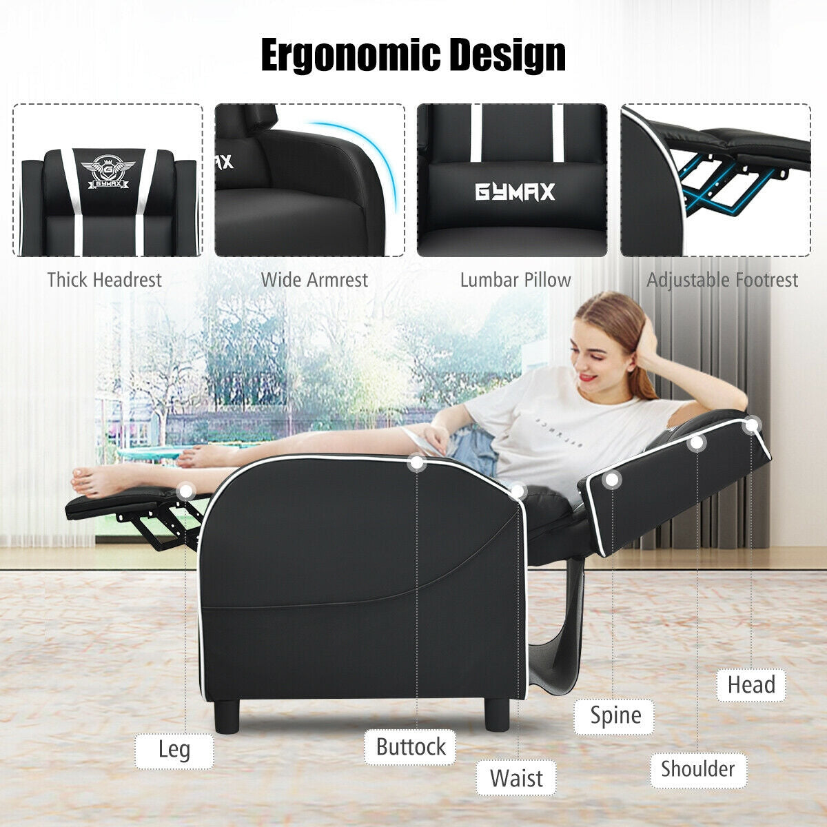 Massage Racing Gaming Single Recliner Chair, White Gaming Chairs at Gallery Canada