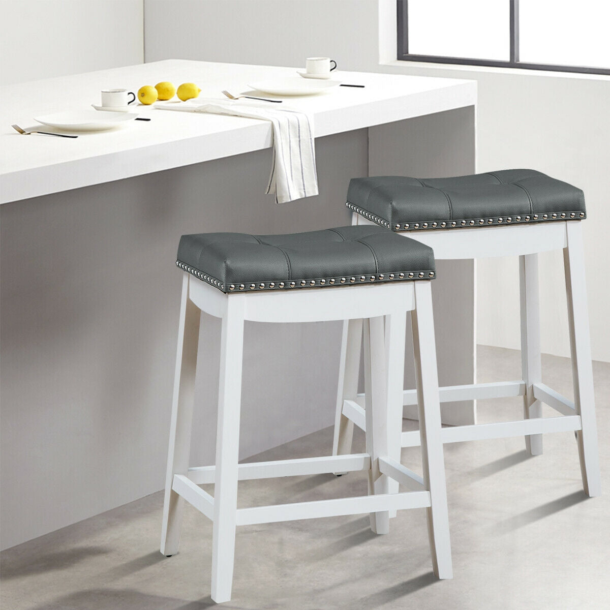 Set Of 2 Nailhead Saddle Bar Stools, White Bar Stools at Gallery Canada