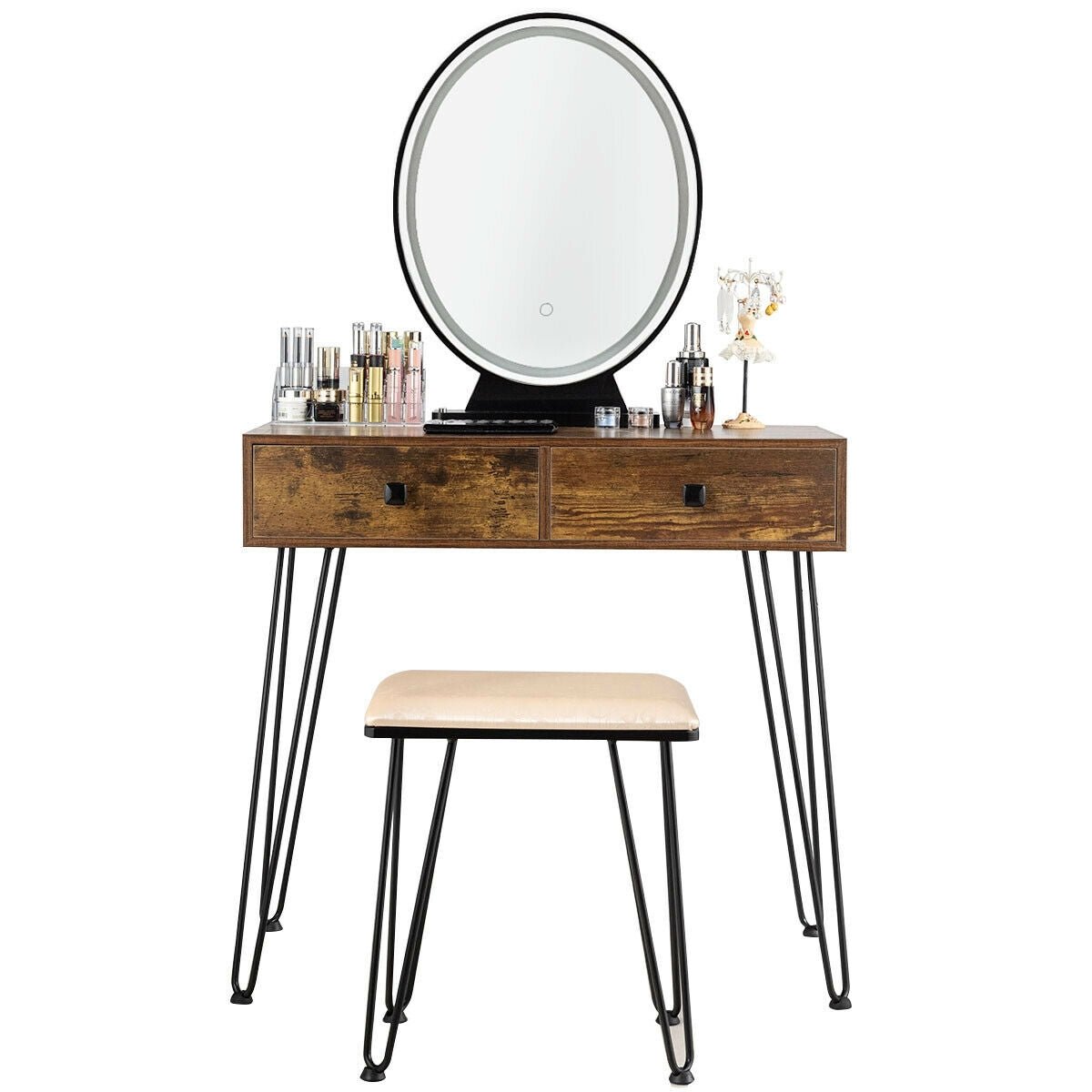 Industrial Makeup Dressing Table, 3 Lighting Modes, Rustic Brown Makeup Vanities at Gallery Canada