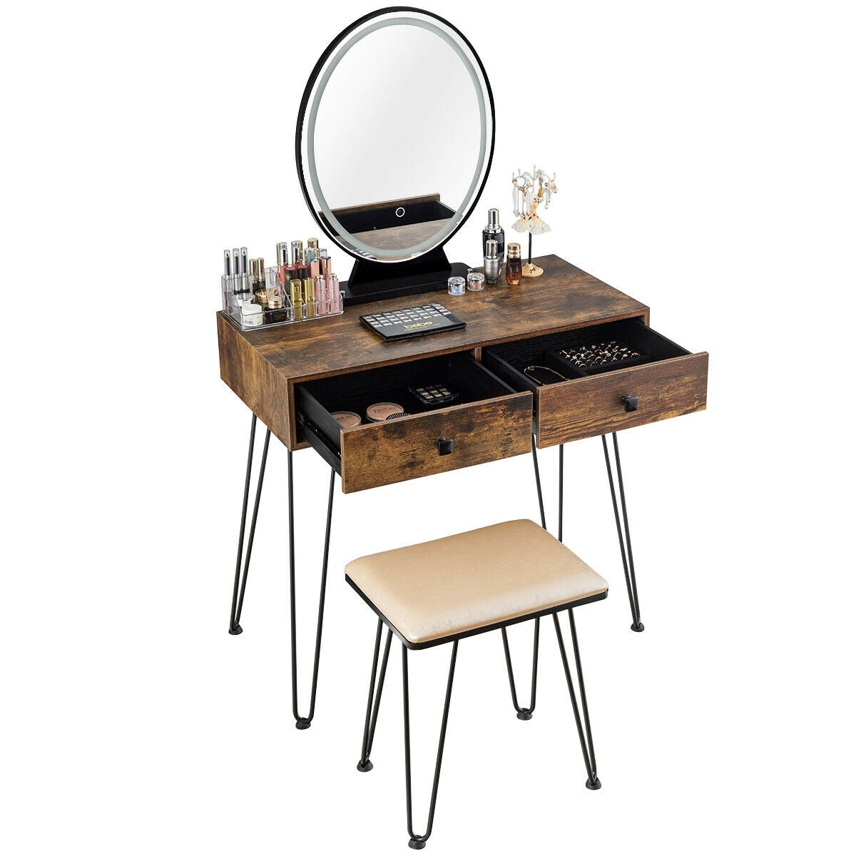 Industrial Makeup Dressing Table, 3 Lighting Modes, Rustic Brown Makeup Vanities at Gallery Canada